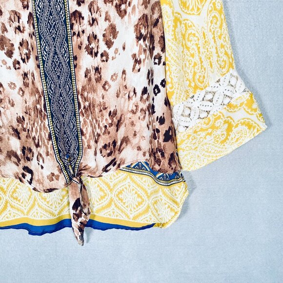 Figueroa Flower Top Womens S Yellow Stretch Leopard Print Blouse - Picture 2 of 12